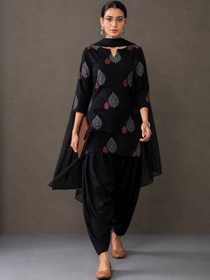 tailored women ethnic motifs printed regular cotton kurta with patiala & with dupatta 7
