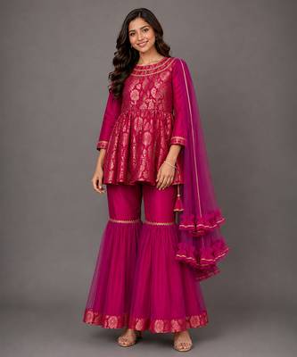 Fuchsia pink woven brocade sharara set 1