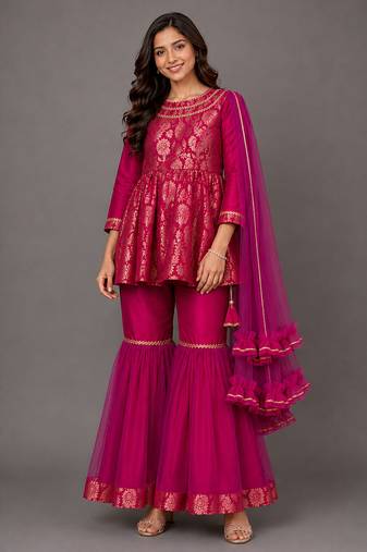 Fuchsia pink woven brocade sharara set
