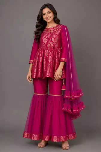 Fuchsia pink woven brocade sharara set