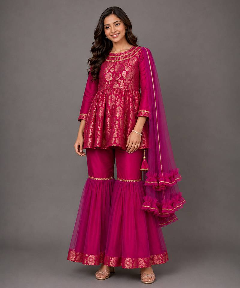 Fuchsia pink woven brocade sharara set