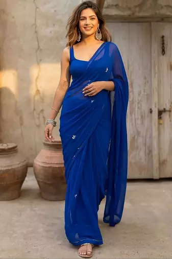 blue embellished embroidered pure georgette saree