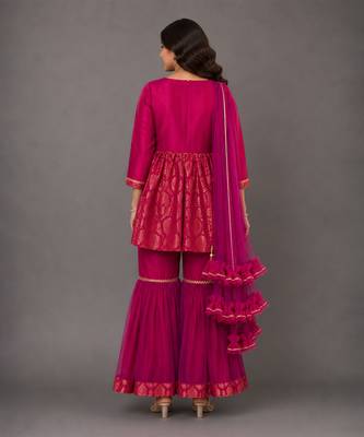 Fuchsia pink woven brocade sharara set 2