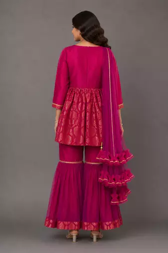 Fuchsia pink woven brocade sharara set