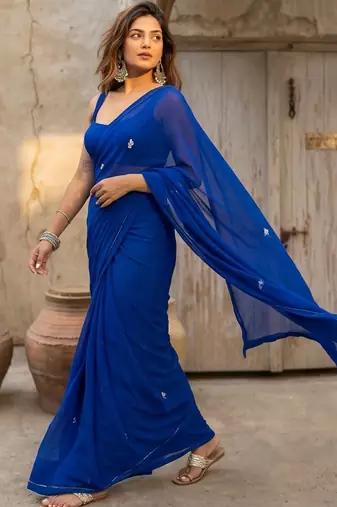 blue embellished embroidered pure georgette saree