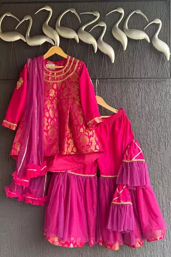 Fuchsia pink woven brocade sharara set