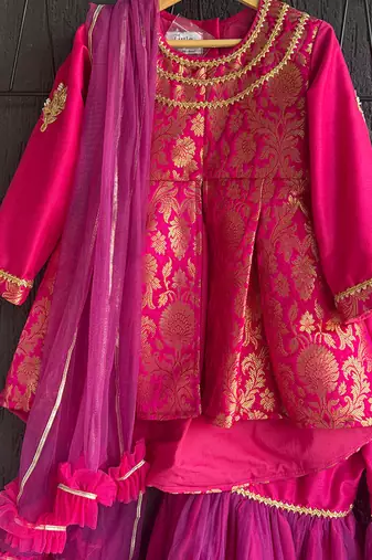 Fuchsia pink woven brocade sharara set