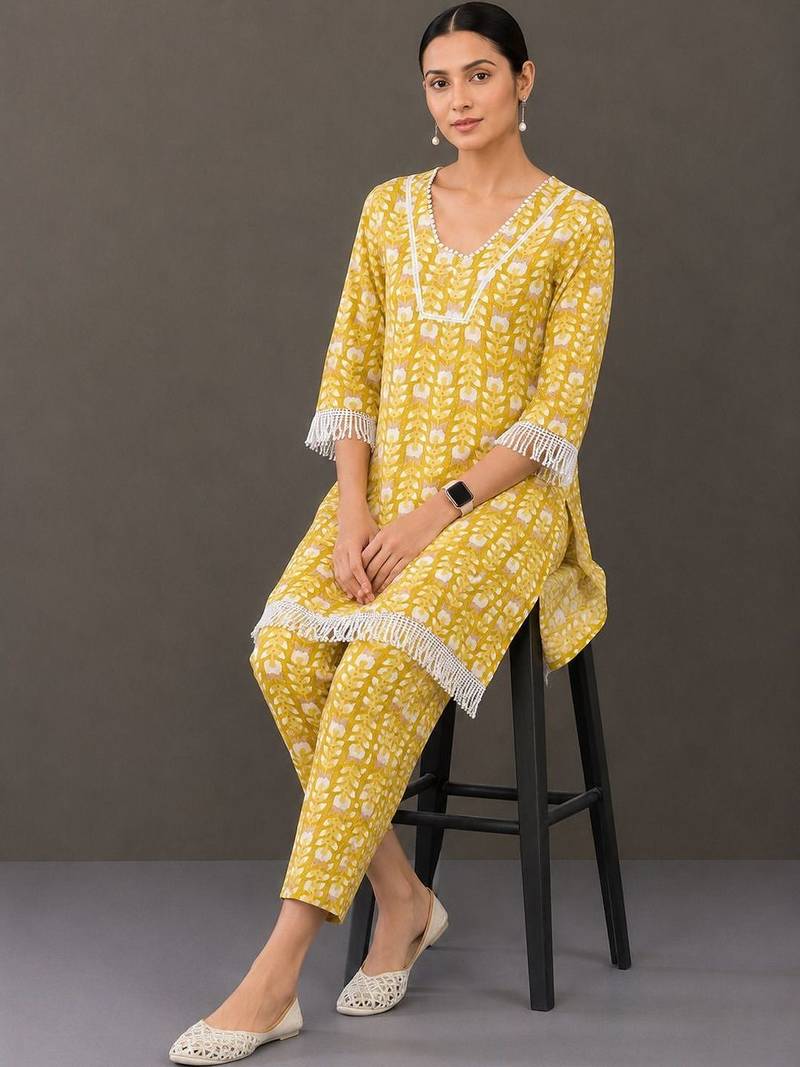 structured women floral printed regular cotton kurta with trousers