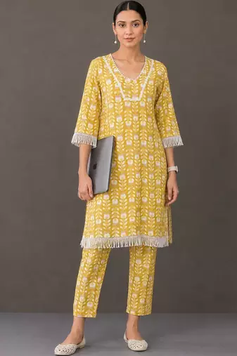 structured women floral printed regular cotton kurta with trousers