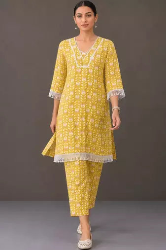 structured women floral printed regular cotton kurta with trousers