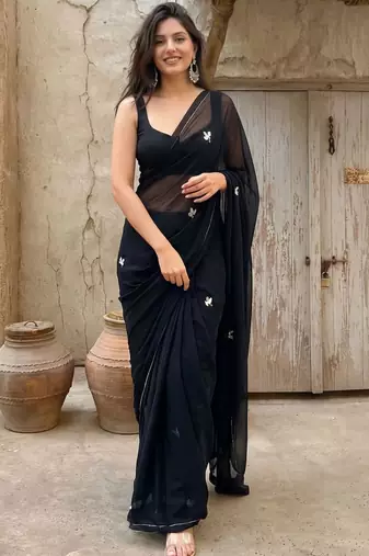 black ethnic motifs embroidered pure georgette saree