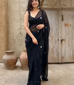black ethnic motifs embroidered pure georgette saree