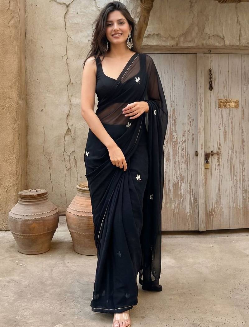 black ethnic motifs embroidered pure georgette saree