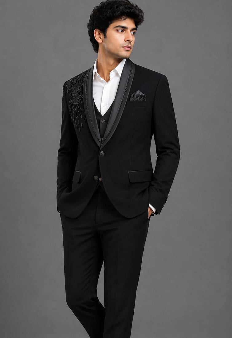 Black embroidered shawl lapel tuxedo set