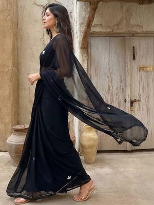 black ethnic motifs embroidered pure georgette saree 2