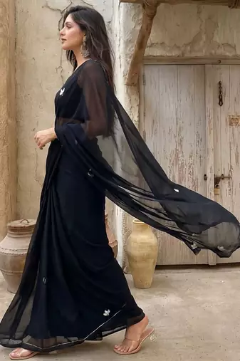 black ethnic motifs embroidered pure georgette saree