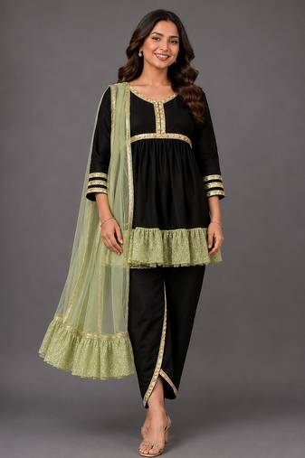 Green woven velvet kurta dhoti set