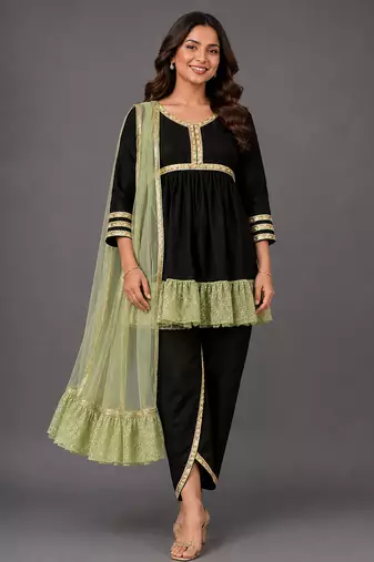 Green woven velvet kurta dhoti set