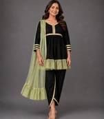 Green woven velvet kurta dhoti set