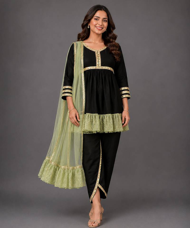 Green woven velvet kurta dhoti set