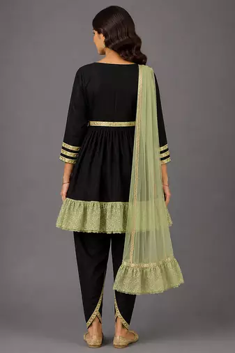 Green woven velvet kurta dhoti set