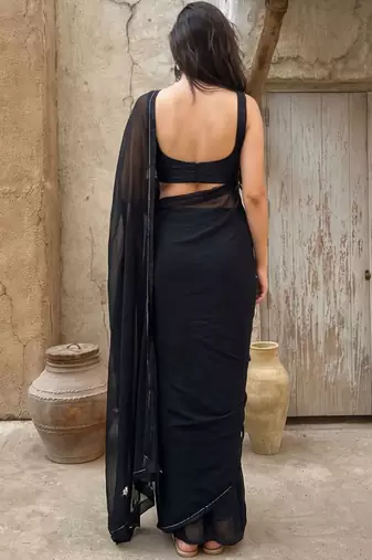 black ethnic motifs embroidered pure georgette saree