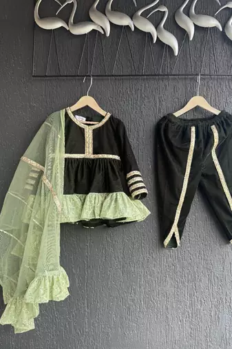 Green woven velvet kurta dhoti set