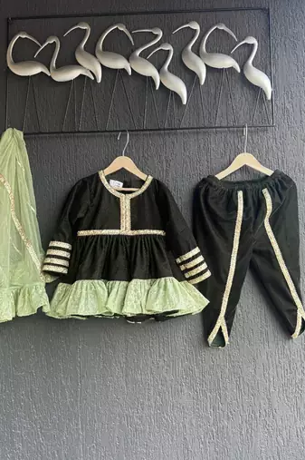 Green woven velvet kurta dhoti set