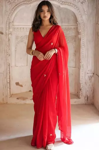 red embellished embroidered pure georgette saree