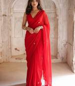 red embellished embroidered pure georgette saree