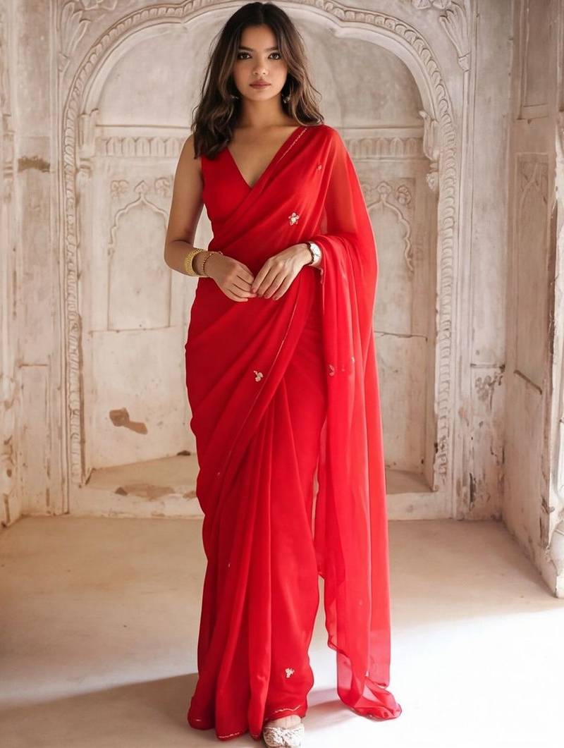 red embellished embroidered pure georgette saree
