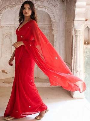 red embellished embroidered pure georgette saree 2