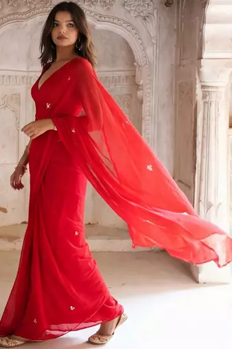 red embellished embroidered pure georgette saree