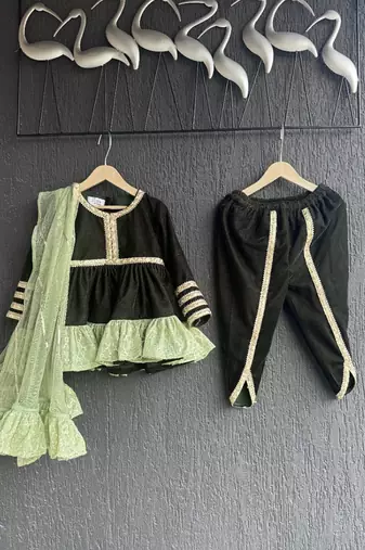 Green woven velvet kurta dhoti set