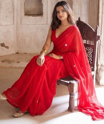 red embellished embroidered pure georgette saree 3