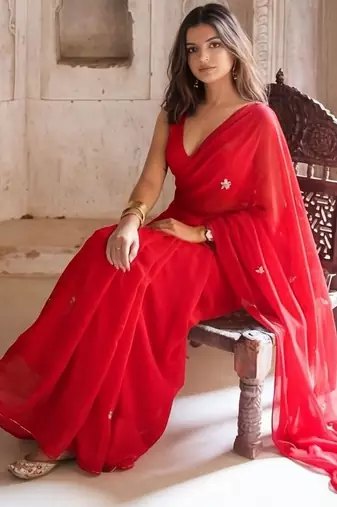 red embellished embroidered pure georgette saree