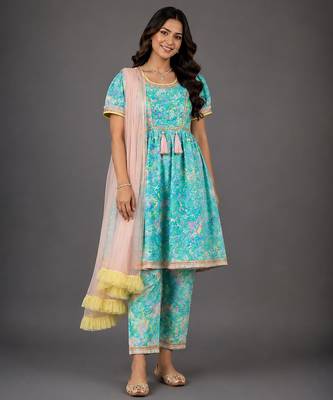Blue multicolor holi printed cotton silk kurta set 1