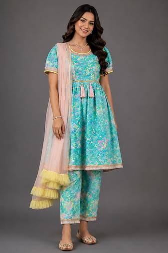 Blue multicolor holi printed cotton silk kurta set