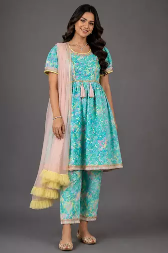 Blue multicolor holi printed cotton silk kurta set