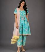 Blue multicolor holi printed cotton silk kurta set