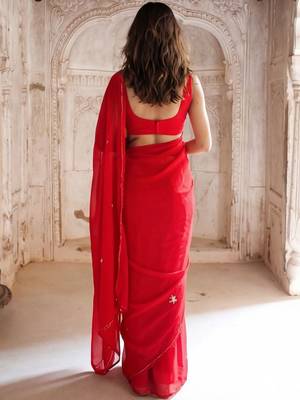 red embellished embroidered pure georgette saree 4