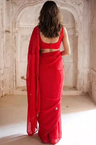 red embellished embroidered pure georgette saree