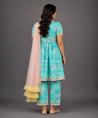 Blue multicolor holi printed cotton silk kurta set 2