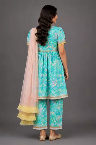 Blue multicolor holi printed cotton silk kurta set