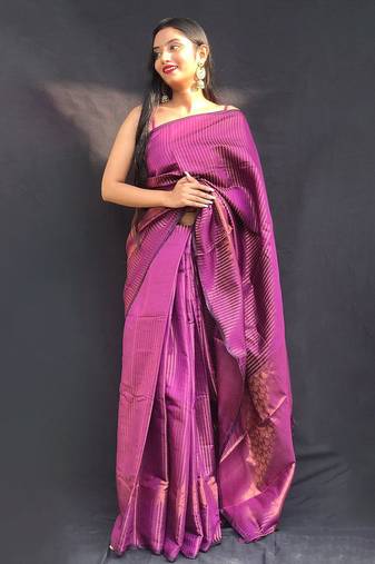purple purple & gold-toned striped zari silk blend kanjeevaram saree