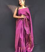 purple purple & gold-toned striped zari silk blend kanjeevaram saree