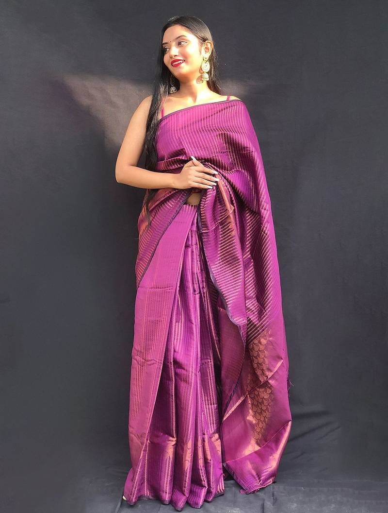 purple purple & gold-toned striped zari silk blend kanjeevaram saree