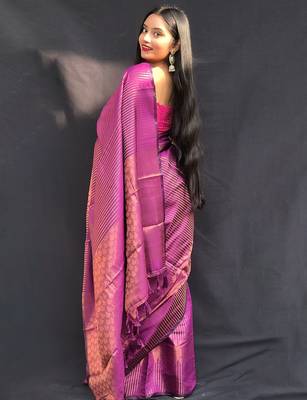 purple purple & gold-toned striped zari silk blend kanjeevaram saree 2