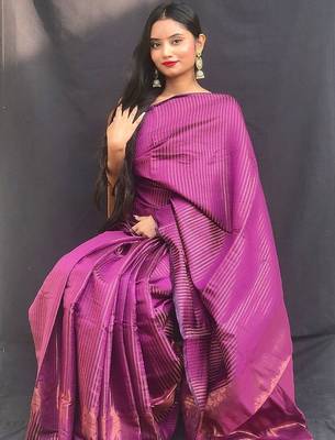 purple purple & gold-toned striped zari silk blend kanjeevaram saree 3