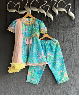 Blue multicolor holi printed cotton silk kurta set 4